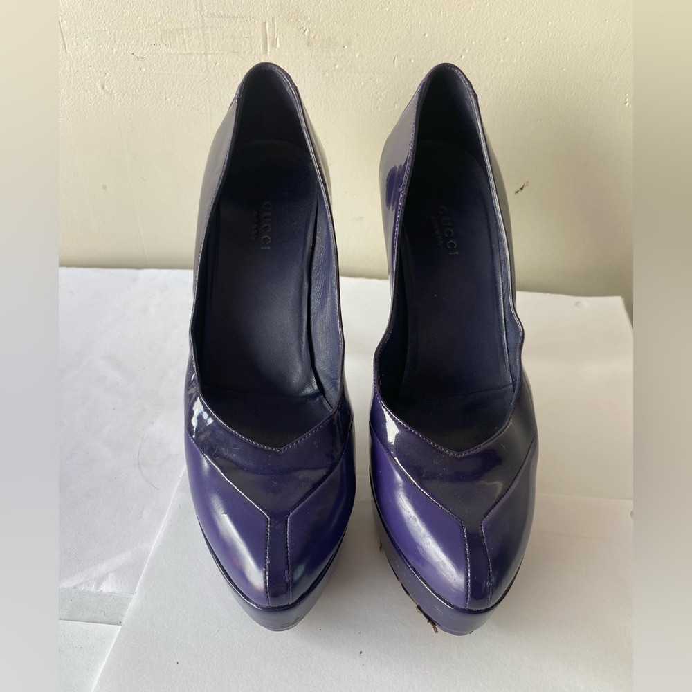 GUCCI Purple Patent & Leather Platform Pumps Suede Heel Size 38.5 US 8.5 - Picture 2 of 15